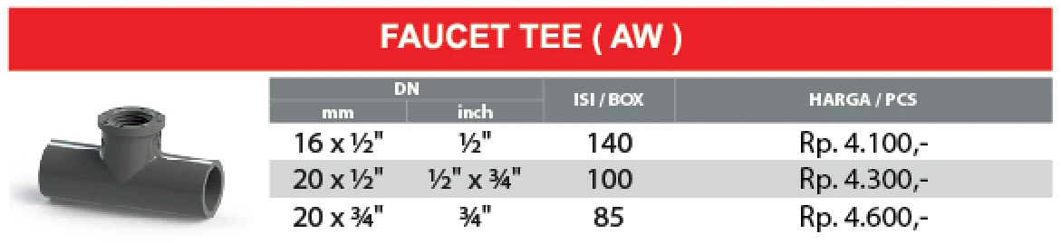 daftar harga TDD (tee drat dalam) pvc rucika tipe aw